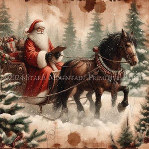 Primitive Farmhouse Grungy Old World Santa Claus Christmas Horse Sleigh Printable 8x10 Jpeg Digital Print Decoupage Label Tag Ornament Card
