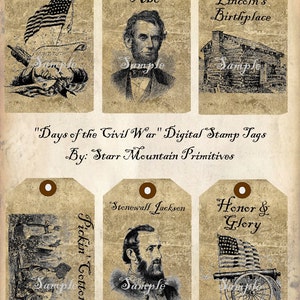 Könnte beinhalten: Satz von zehn druckbaren digitalen Stempel-Tags mit Bildern zum Thema Amerikanischer Bürgerkrieg. Die Tags enthalten Bilder von Abraham Lincoln, Stonewall Jackson, einer Kanone, einer Blockhütte und einem Schiff. Der Text "Days of the Civil War" und "By: Starr Mountain Primitives" ist auf den Tags enthalten.