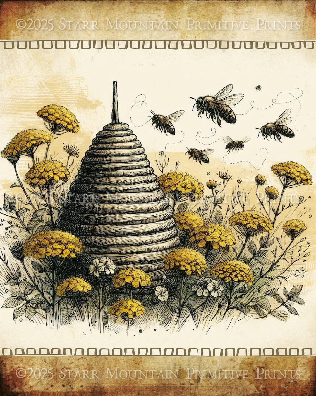 Primitive Vintage Bee Skep Honeybee Honey Yellow Flowers Jpeg 8x10