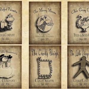 Primitive Vintage Christmas Set 6 Pantry Logo  Labels Jpeg Image Great for Pillows Boxes Crates Jars Crocks Hang tags Magnets Ornies