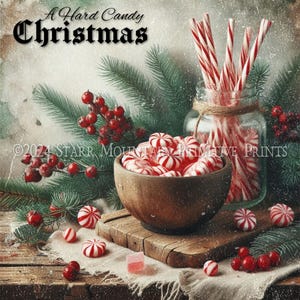 Primitive Farmhouse Vintage Hard Candy Christmas Greenery Berries Gingham Printable Jpeg Digital Print Decoupage Label Tag Ornament Canvas