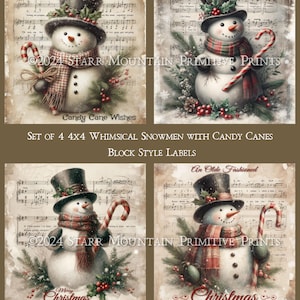 Primitive Farmhouse Winter Snowman and Candy Canes Christmas Set 4 4x4 Digital Image Printable Decoupage Label Hang Tag Ornament Sign Print