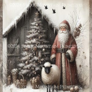 Primitive Farmhouse Grungy Old World Santa Claus Christmas Sheep Barn Printable 8x10 Jpeg Digital Print Decoupage Label Tag Ornament Card