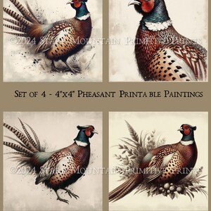 Primitiv vintagekolonial fasan utskrivbar oljemålning 4x4 block digital bild utskrift etikett häng etikett prydnad skylt kanvas decoupage