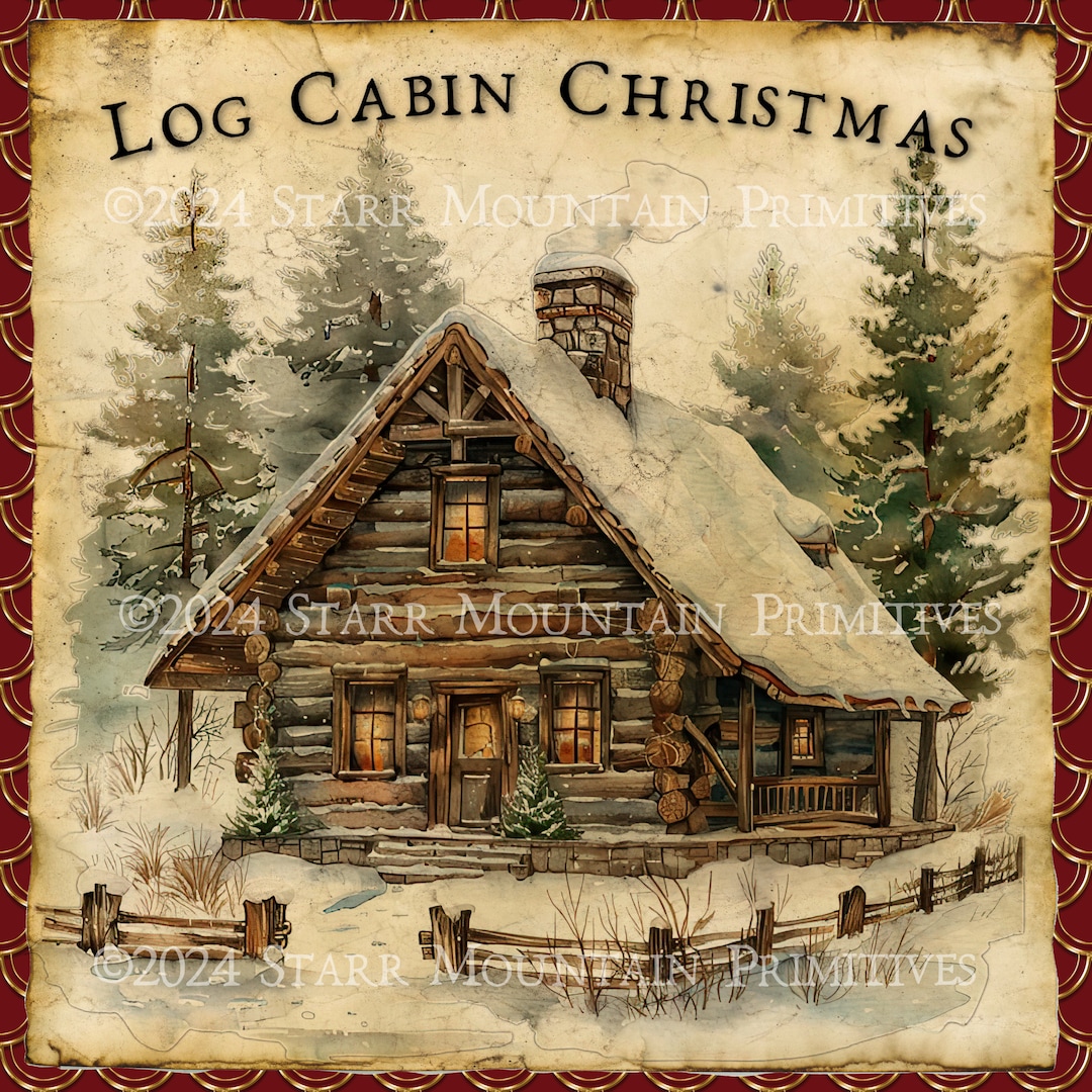 Primitive Vintage Country Log Cabin Christmas Winter Printable 8"x8 ...