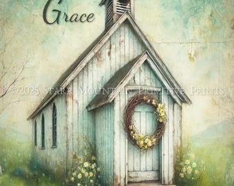 Könnte beinhalten: Eine weiße Holzkirche mit einem Kranz an der Tür und dem Text "Amazing Grace" über dem Eingang. Die Kirche ist von grünem Gras und gelben Blumen umgeben.