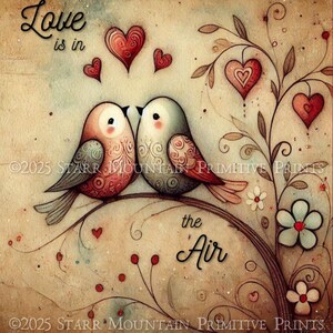 Arte popular primitivo: árbol de corazones y pájaros del amor para el día de San Valentín, imagen digital de 8 x 10, etiqueta para decoupage, adorno, letrero, impresión, lienzo, tarjeta