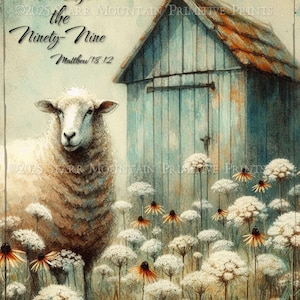 8 x 10 lente primitief inspirerende bijbelvers hij verliet de 99 schapen blauwe schuur afdrukbaar schilderij kunst jpeg digitale print label decoupage #2