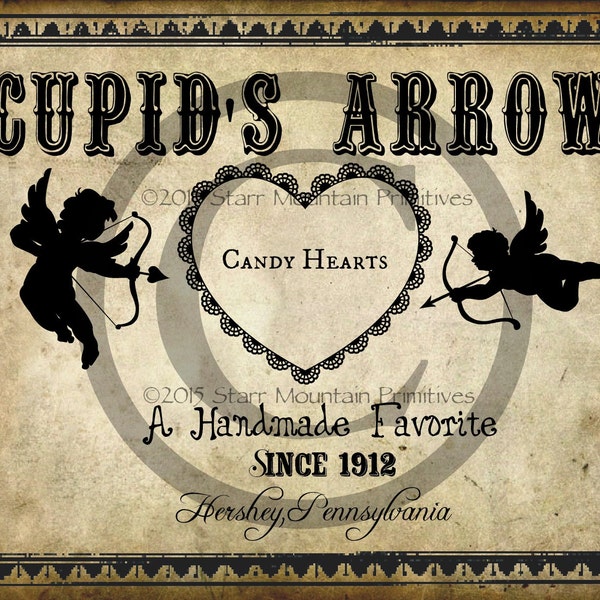 Primitive Cupid Arrow Candy Hearts Heart Valentine Label Jpeg Digital  Image Feedsack Logo for Pillows Labels Hang tags Magnets Ornies