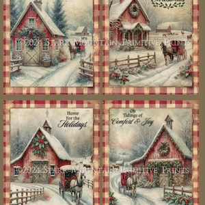 Scena invernale primitiva di fattoria, carrozza trainata da cavalli, set di 4 stampe di Natale, 4x5, etichetta, cartello decorativo, stampa digitale