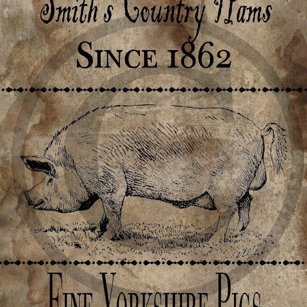 Primitive Vintage Yorkshire Schwein Schwein Land Schinken Jpeg Digital Image Feedsack Logo für Kissen Speisekammer Etiketten hängen tags Magnete Ornies