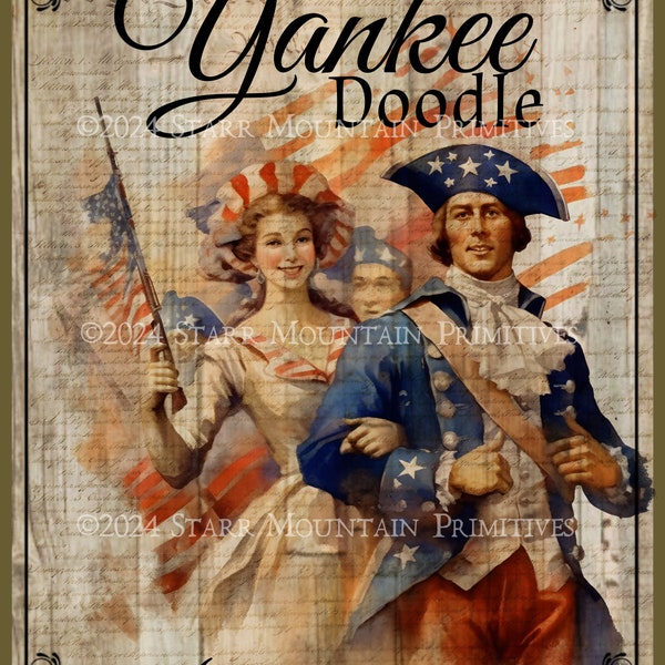 Primitive Colonial Patriotic Yankee Doodle 1776 July 4th Printable Jpeg 300 DPI Digital Image Pillow Pantry Label Hang Tag Ornament Print