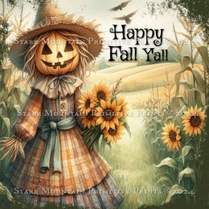 Primitive Country Scarecrow Girl Feliz Outono, pessoal Girassóis Prairie Jack-O-Lantern Imprimível Jpeg Imagem Digital Etiqueta Decoupage Impressão 8x8