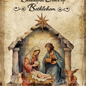 Crèche de Noël religieuse primitive belle étoile de Bethléem Jésus image numérique Jpeg imprimable oreiller étiquette étiquette ornement aimant carte