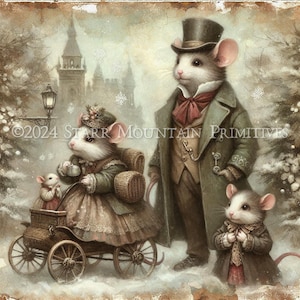 Primitive Victorian Christmas Winter Mice Mouse Printable Jpeg Digital Distressed Print Decoupage Label Hang Tag Ornament Canvas 8x10