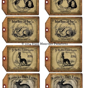 May include: Eight vintage-style gift tags featuring illustrations of rabbits and hares. The tags are printed on a brown paper background with a distressed look. The text on the tags includes the names of businesses, such as "The Black & White Bunny Candy Shoppe" and "Buford Bunny Jelly Bean Co."