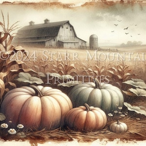 Primitive Bauernhaus druckbare Herbst Herbst rustikale Scheune Kürbisse Kornfeld Gänseblümchen Jpeg Digital Bild 10x8 Print Label Leinwand Decoupage Tag