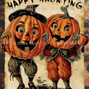 Ferme primitive Happy Haunting vintage rétro Halloween Jack O Lantern personnes imprimable Jpeg 300 DPI image numérique garde-manger étiquette étiquette impression