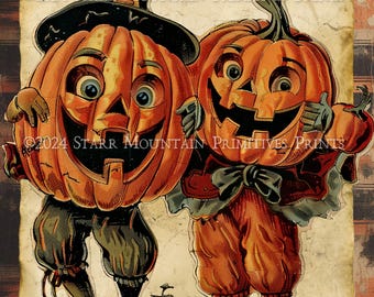 Etiqueta de despensa con imagen digital Jpeg de 300 ppp para imprimir con imagen retro de Halloween, calabazas de Halloween, feliz casa de campo primitiva