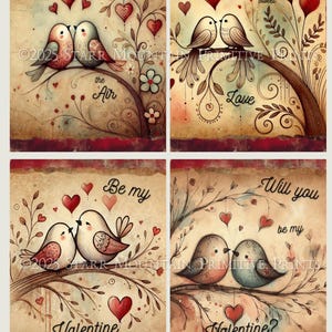 Art populaire primitif Saint-Valentin oiseaux coeurs arbre ensemble 4, 4 x 5 Image numérique découpe imprimable étiquette étiquette ornement signe impression carte