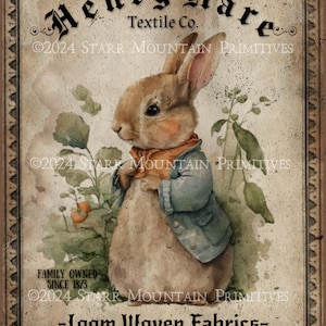 Vintage primitif Henry Hare Textile Company Bunny Rabbit imprimable Jpeg 300 DPI image numérique oreiller étiquette de garde-manger étiquette volante aimant ornement