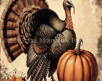 Puede incluir: Una ilustración vintage de un pavo y calabazas con el texto "Harvest Blessings" sobre un fondo marrón.