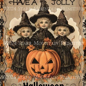 Primitiva cartolina d'epoca damascata Halloween Witch Girls Jack O Lantern stampabile Jpeg 300 DPI immagine digitale etichetta cartellino 8x10 stampa su tela
