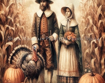 Puede incluir: Una ilustración vintage de una pareja de peregrinos caminando por un campo de maíz con un pavo y calabazas. El texto "Happy Thanksgiving" está en la parte superior de la imagen. El texto "STARR MOUNTAIN PRIMITIVE PRINTS ©2024" está en la parte inferior de la imagen.