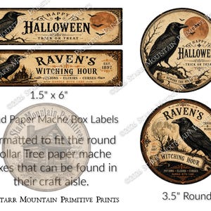 May include: A collection of rectangular and circular Halloween-themed labels featuring black ravens, full moons, and vintage typography. The rectangular labels measure 1.5 inches by 6 inches, while the circular labels measure 3.5 inches in diameter.