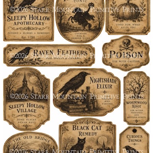 Könnte beinhalten: Eine Sammlung von zehn Etiketten im Vintage-Stil mit sepiafarbenen Illustrationen von Raben, einem kopflosen Reiter, einem Kürbis, einem Totenkopf und einer schwarzen Katze. Jedes Etikett enthält Texte wie Sleepy Hollow Apothecary, Poison und Nightshade Elixir.