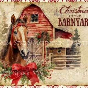 Primitivo Vintage rustico Natale nel cortile fienile cavallo cartolina stampabile Jpeg immagine digitale cuscino etichetta cartellino ornamento magnete