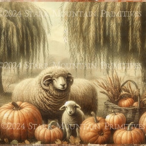May include: A painting of a fall harvest scene with two sheep, pumpkins, wheat stalks, and a basket. The sheep are white with brown faces and horns. The pumpkins are orange and some are green. The wheat stalks are brown and yellow. The basket is brown wicker.