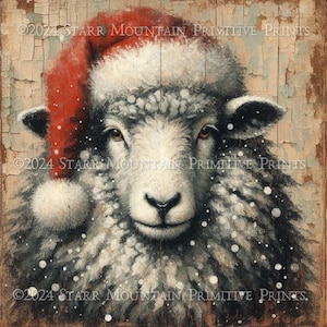 Primitieve boerderij kerst schapen in kerstmuts portret afdrukbaar olieverfschilderij jpeg digitale kunst afbeelding label hang tag 8 x 8 afdrukken canvas