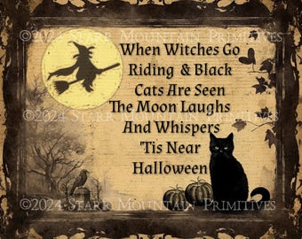 Primitive Spooky Halloween Witch Moon Black Cat Poem Crow Pumpkins JOL 8x10 Printable Jpeg 300 DPI Digital Image Pantry Label Hang Tag Print