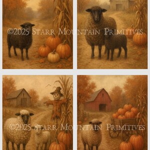 Peut inclure: Ensemble de quatre impressions d'automne de 10 cm x 13 cm. Chaque impression représente un mouton sur un chemin avec des citrouilles, une grange et un épouvantail. Les impressions ont une palette de couleurs chaudes d'orange, de brun et de beige. Le texte "©2025 Starr Mountain Primitives" est visible.