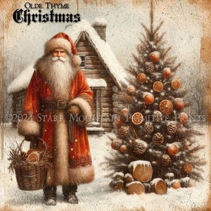 Może przedstawiać: Winietkowa ilustracja świąteczna przedstawiająca Świętego Mikołaja w czerwono-białym stroju trzymającego kosz pomarańczy i szyszek. Stoi przed pokrytą śniegiem drewnianą chatką z choinką ozdobioną pomarańczami i szyszkami. Tekst "Olde Thyme Christmas" znajduje się w górnej części obrazu.