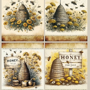 Può includere: Set di quattro stampe vintage di alveari e api, 10 cm x 13 cm. Ogni stampa presenta un alveare, api e fiori in stile vintage. Alcune stampe includono un cartello "Honey for Sale". Le stampe hanno un aspetto invecchiato.