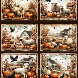 May include: Set of six vintage farmhouse style labels featuring a white sheep, pumpkins, crows, and hay bales. Each label measures 4 inches by 3 inches.