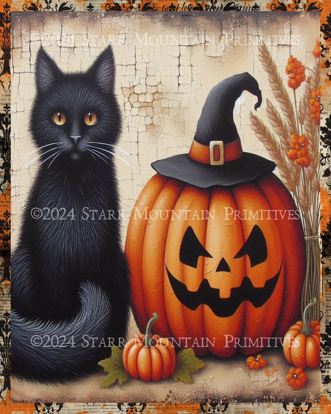 Primitive Halloween Black Cat Witch Hat Jack O Lantern Pumpkin JOL ...