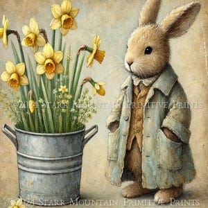 Könnte beinhalten: Ein Aquarellbild eines Kaninchens, das einen blauen Mantel trägt und einen Eimer mit gelben Narzissen hält. Der Text "SPRING THYME" ist auf einem Banner unter dem Kaninchen geschrieben.