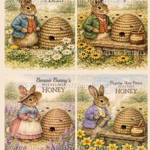 May include: A set of four 10cm x 13cm prints showcasing bunny illustrations. Each print features a bunny in vintage attire, near a beehive, with text including "Keeper of Bees", "The Bee Keeper", "Bonnie Bunny's Honey", and "Hopping Time Farms Pure Honey".