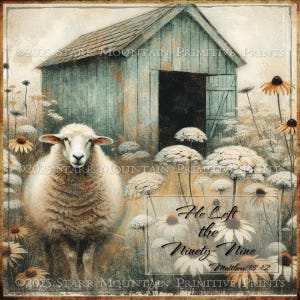 8 x 8 lente primitief inspirerende bijbelvers hij verliet de 99 schapen blauwe schuur afdrukbaar schilderij kunst jpeg digitale print label tag decoupage