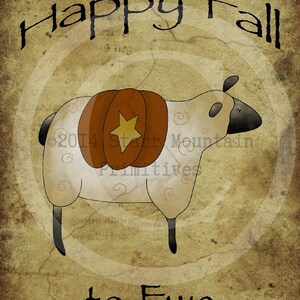 May include: A vintage-style illustration of a white sheep with a brown pumpkin on its back. The text "Happy Fall to Ewe" is written below the sheep.