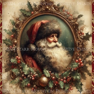 Portrait du père Noël victorien primitif damassé bordure de baies de houx Noël imprimable 8 x 10 Jpeg impression numérique étiquette de découpage ornement toile