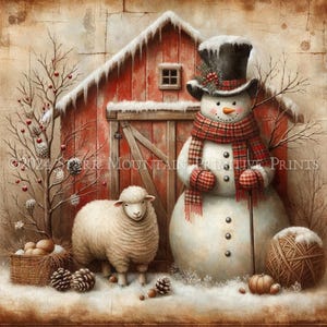 Ferme primitive grungy woodland bonhomme de neige mouton grange arbre imprimable Jpeg 8 x 10 impression numérique étiquette de découpage étiquette volante ornement carte toile