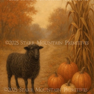 Peut inclure: Peinture sur le thème de l'automne avec un mouton noir près de citrouilles et d'épis de maïs séchés. La scène se déroule sur un chemin avec des arbres en arrière-plan. Le texte "©2025 STARR MOUNTAIN PRIMITIVES" est visible.