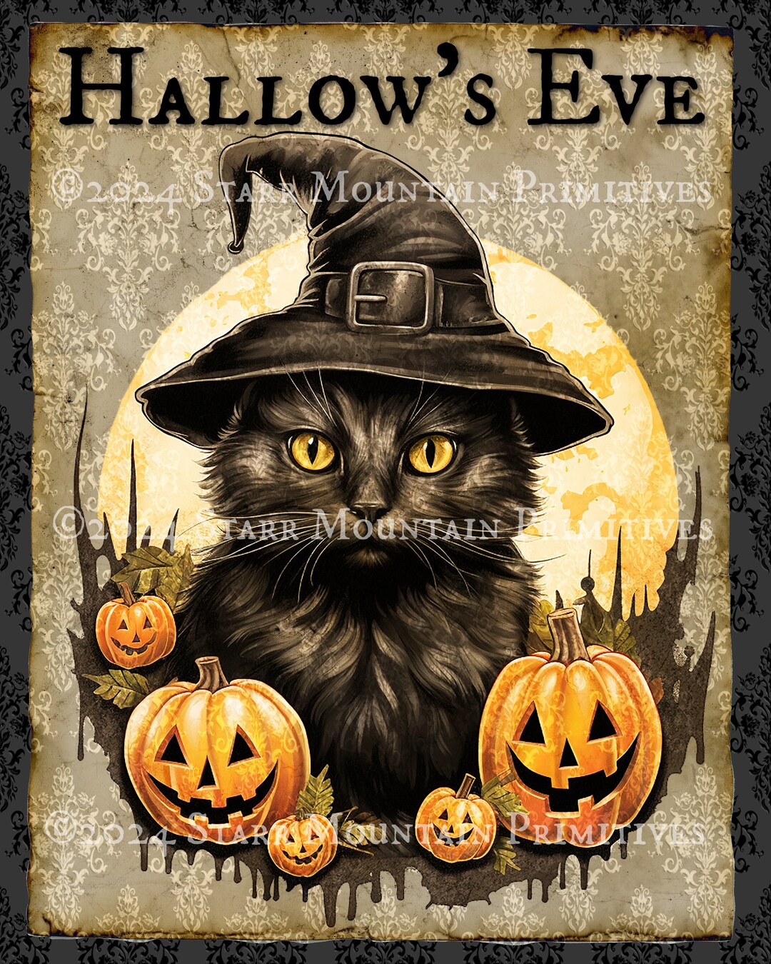 Primitive Damask Halloween Hallow's Eve Witch Hat Black Cat Jack O ...