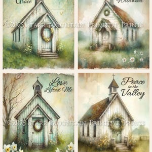 Juego de 4 himnos de iglesia, capilla, narcisos, flores de primavera, granja primitiva, etiquetas colgantes, adornos, tarjetas con imán, para imprimir digitalmente, 4 x 5 pulgadas