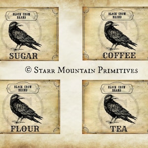Primitive Kitchen Black Crow Brand Coffee Sugar Tea Flour Jpeg Digital Pantry Canister Jar Crock Crate Labels
