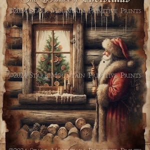 Primitif grungy Woodland père Noël cabane en rondins fenêtre brindille de Noël arbre imprimable Jpeg impression numérique découpage étiquette étiquette ornement 8 x 10